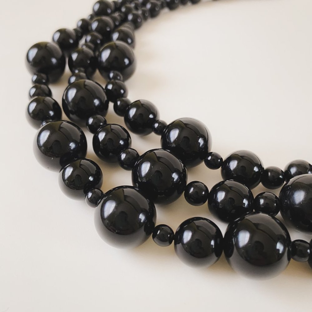 Vintage Monet Black Ball Round Beaded Multi Strand Statement Bib Necklace - Picture 7 of 12